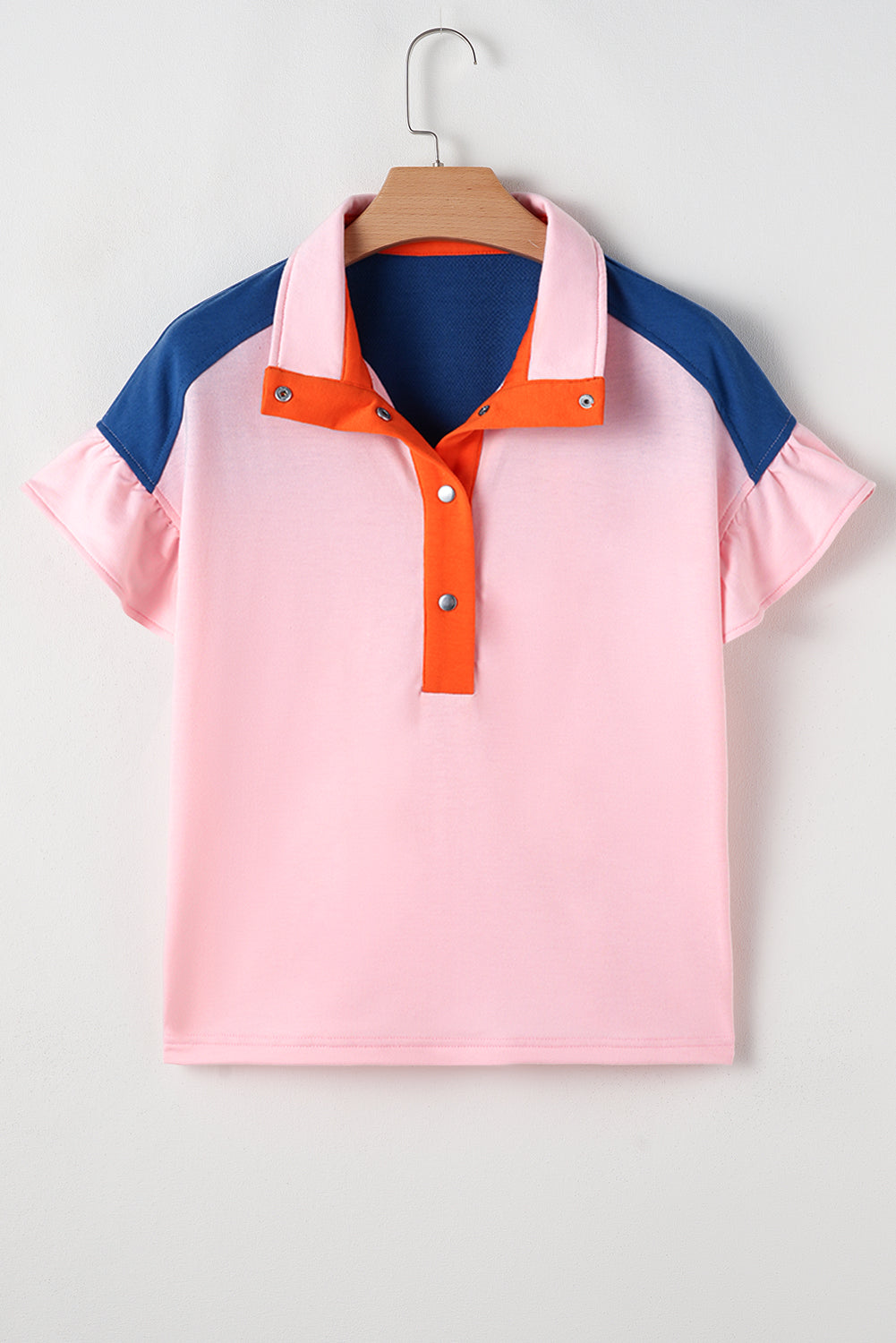 Gossamer Pink Color Block Half Buttoned Ruffled Short Sleeve T Shirt