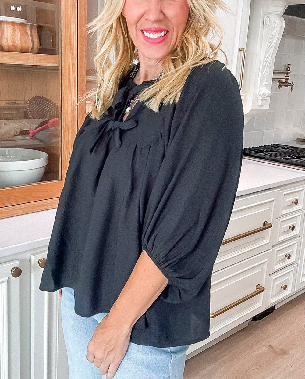 Black Bow Tie Neck 3/4 Sleeve Casual Blouse
