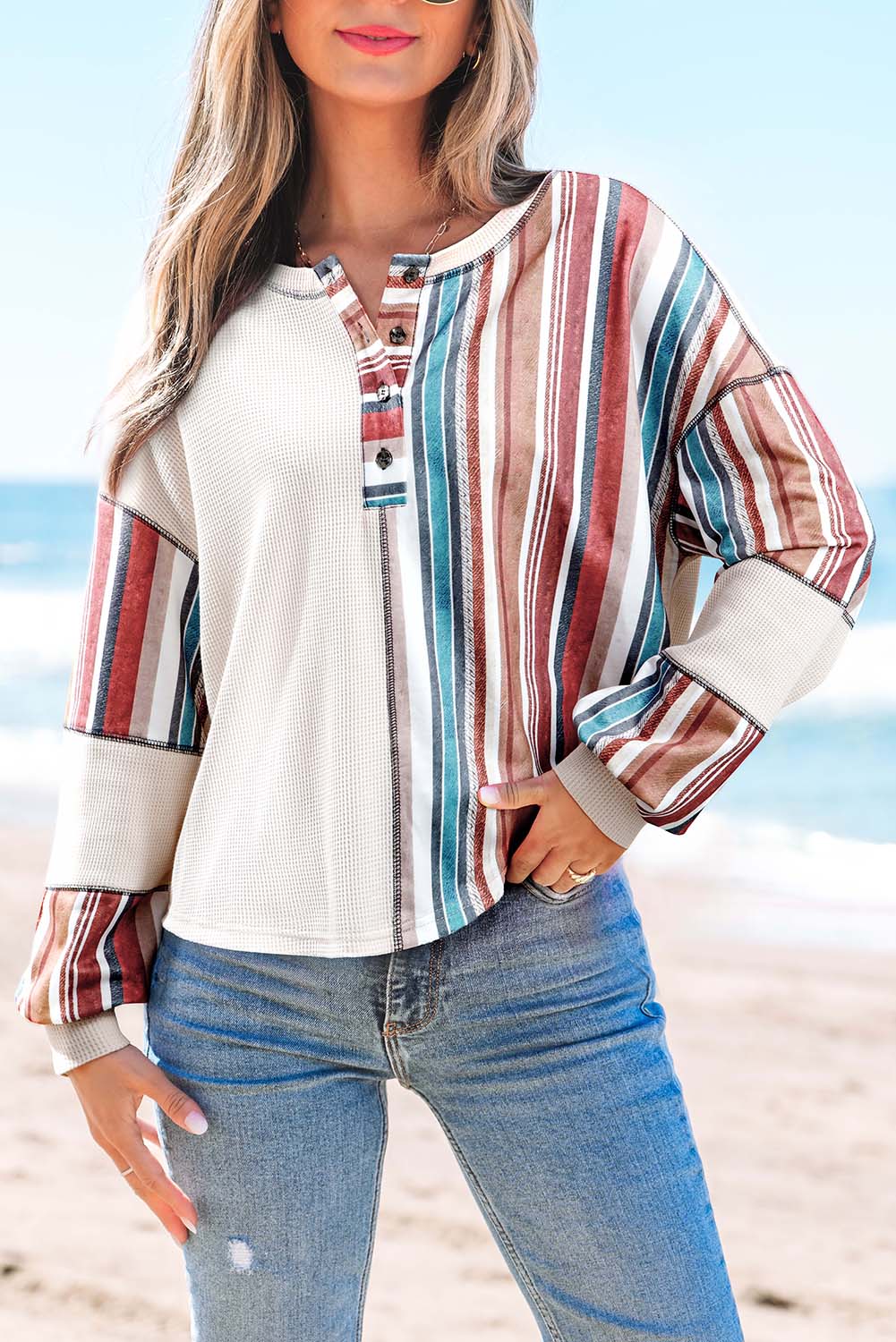 Beige Striped Waffle Patchwork Exposed Seam Raw Edge Casual Knit Top