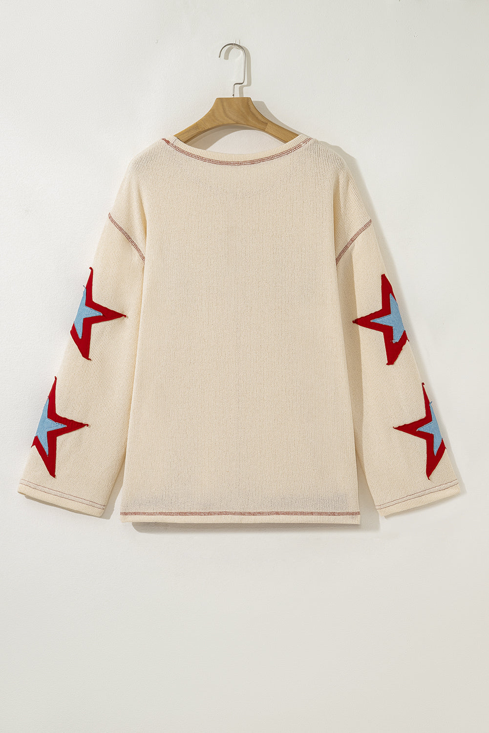 Beige USA Star Contrast Patchwork Exposed Seam Long Sleeve Top