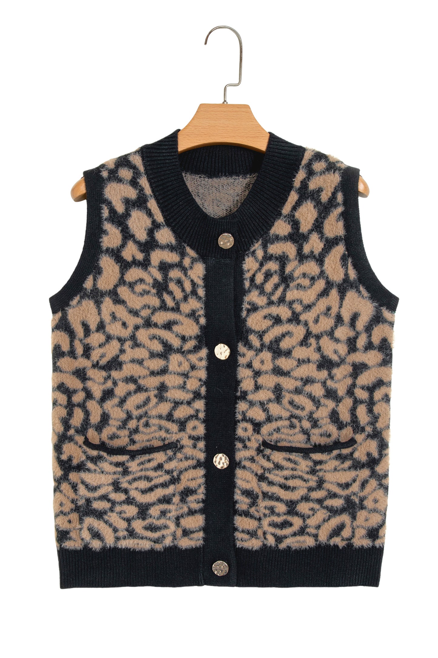 Pink Leopard Print Knit Sleeveless Regular Wash Sweater Vest