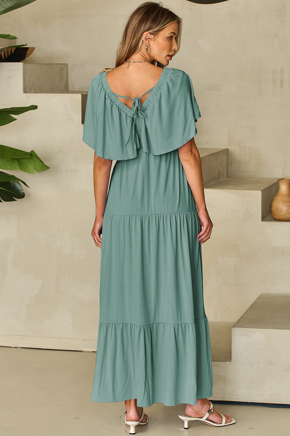 Green Textured V Neck Flutter Sleeve Ruffled Maxi Dress