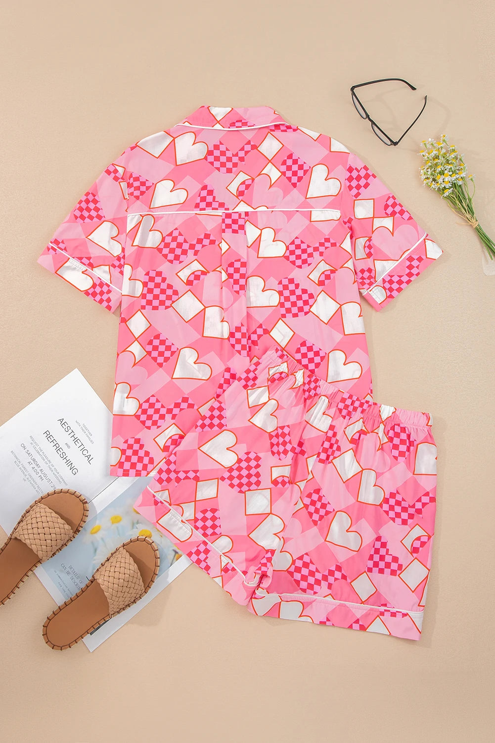 Pink Heart Print Shirt Style Silky Short Pajama Set