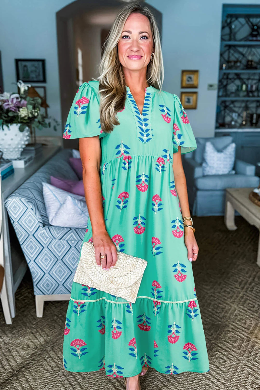 Floral Print Notched Neck Butterfly Sleeve Shift Long Dress