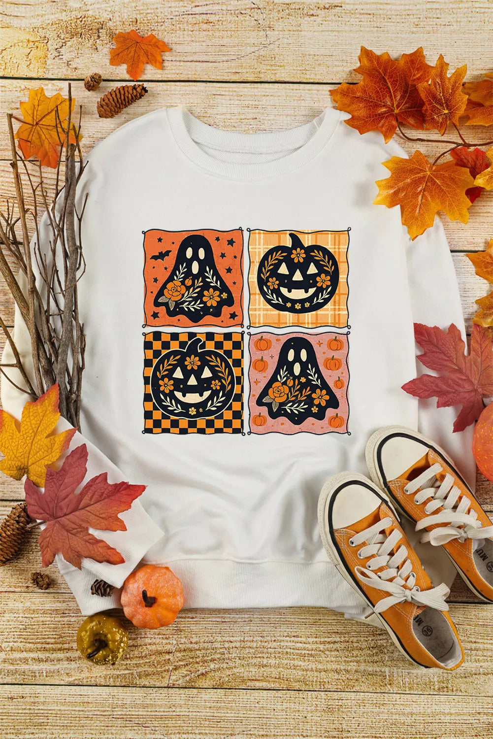 White Halloween Ghost Pumpkin Face Floral Checkered Graphic Sweatshirt