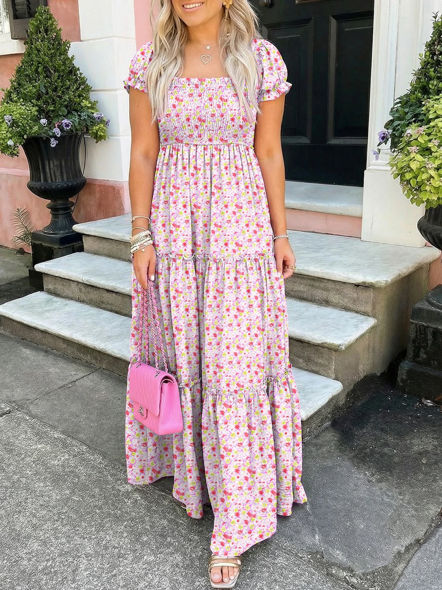Purple Floral Short Bubble Sleeve Shirred High Waist Maxi Dress