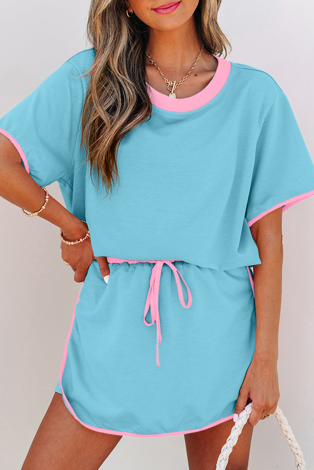 Bonbon Colorblock Edge Drop Shoulder T Shirt and Skort 2Pcs Set