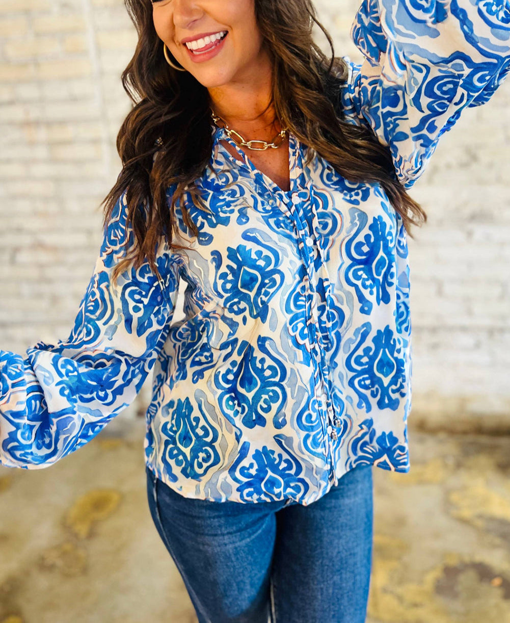 Sky Blue Ethnic Printed Tie Split Neck Button Front Puff Sleeve Shirt