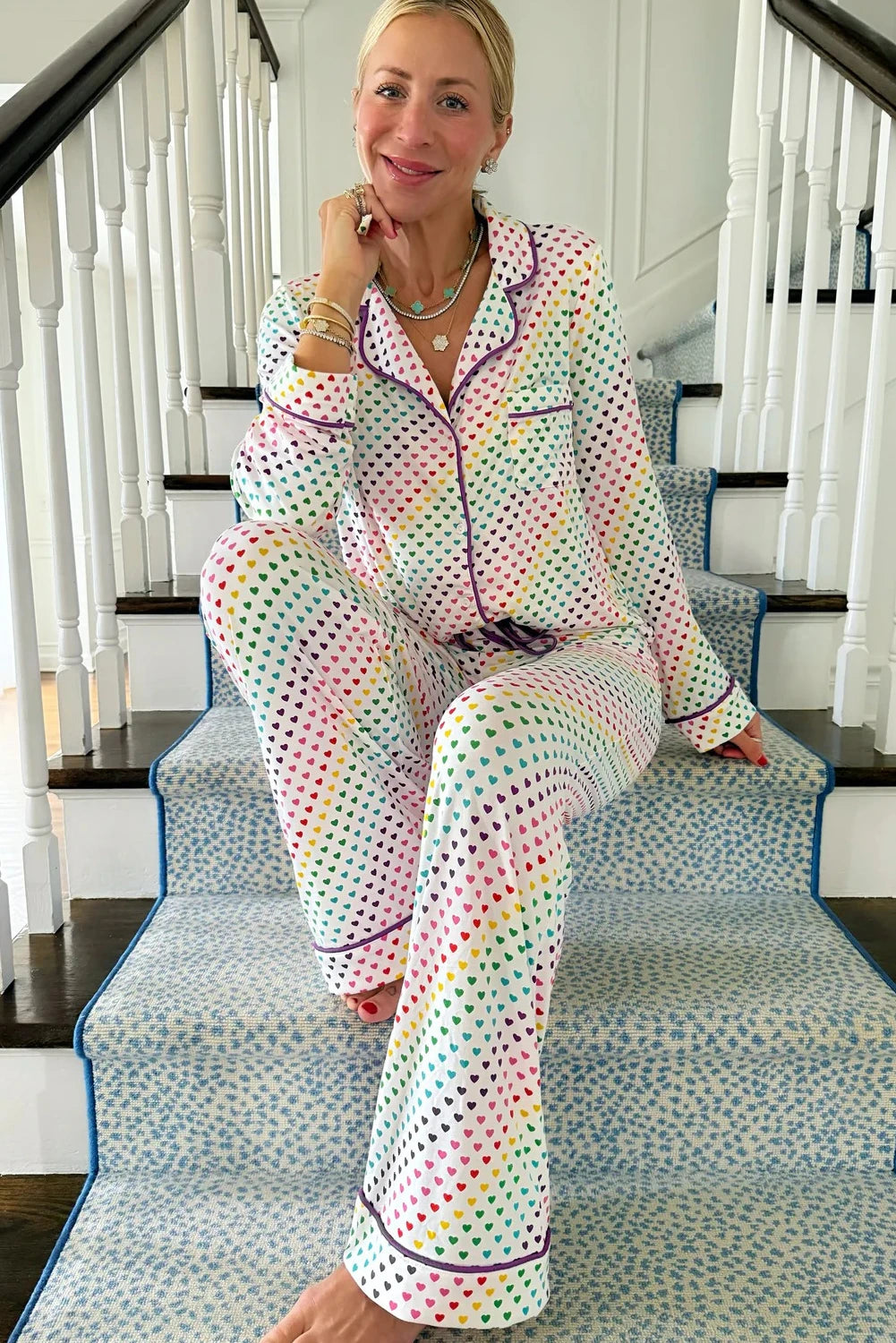 White Pride Heart Print Valentines Long 2pcs Pajama Set