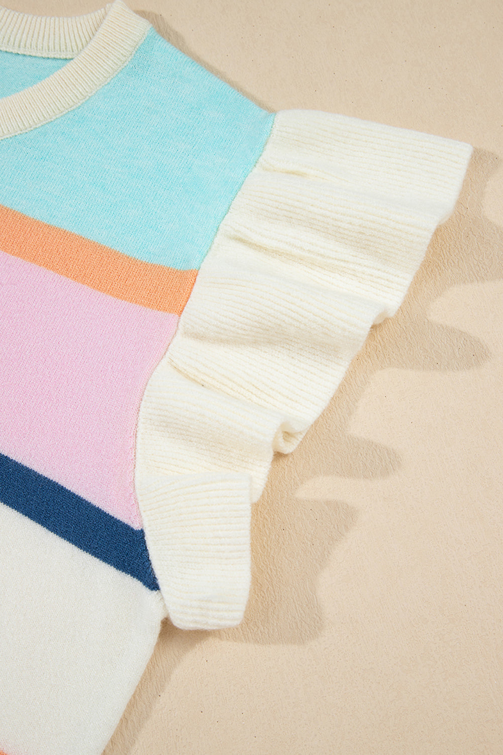 Multicolour Striped Color Block Flutter Sleeve Patchwork Sweater Top