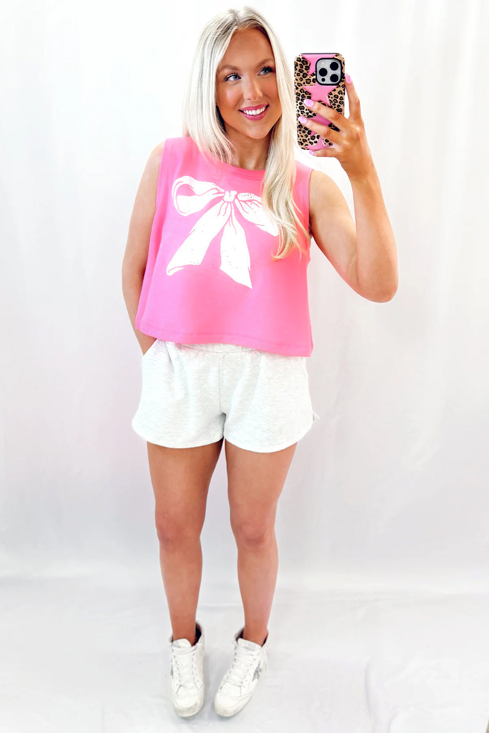 Sachet Pink Bow Print Boxy Fit Tank Top
