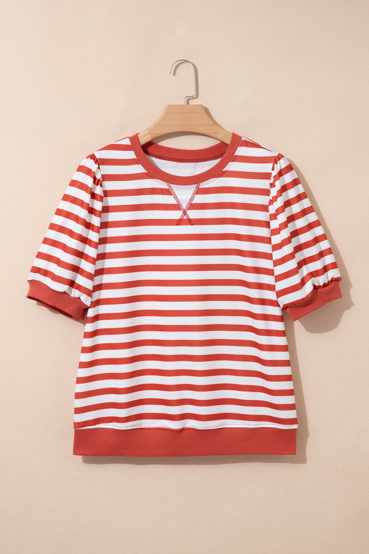 Khaki Stripe Short Bubble Sleeve T Shirt