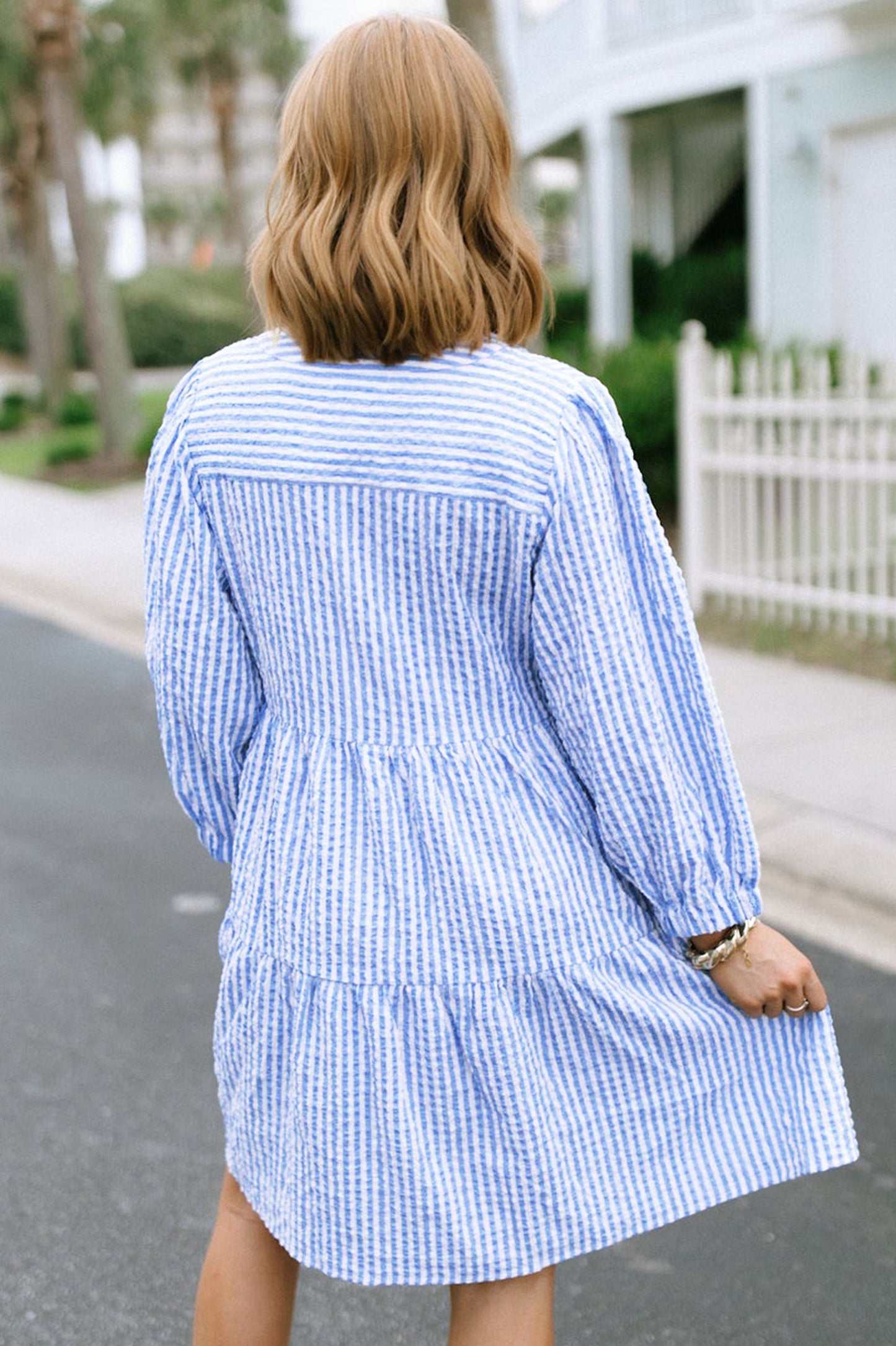 Sky Blue Stripe Seersucker Textured Notched Neck Long Puff Sleeve Tiered Curvy Dress