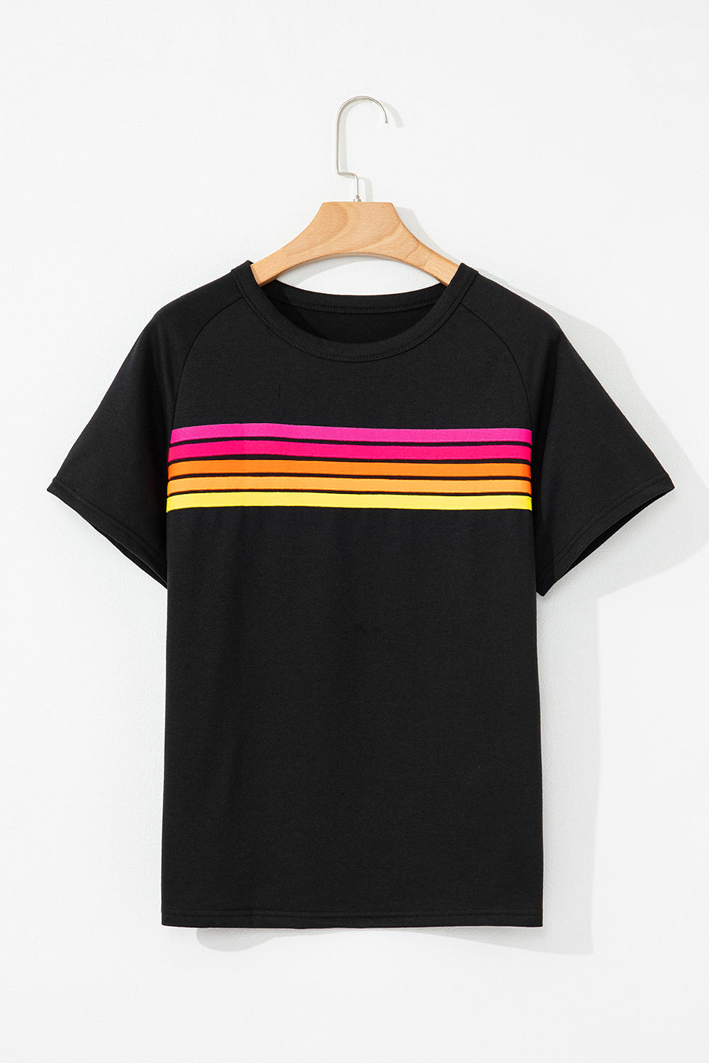 Solid Color Striped Patch Front Casual Tee