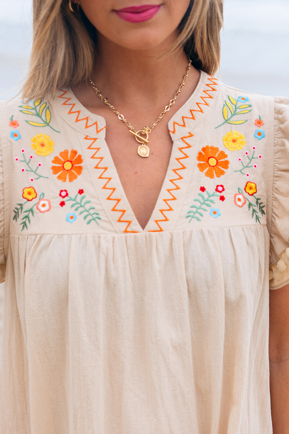 Jet Stream Linen Embroidery Split Neck Pom Pom Ruffle Sleeves Flowy Short Dress