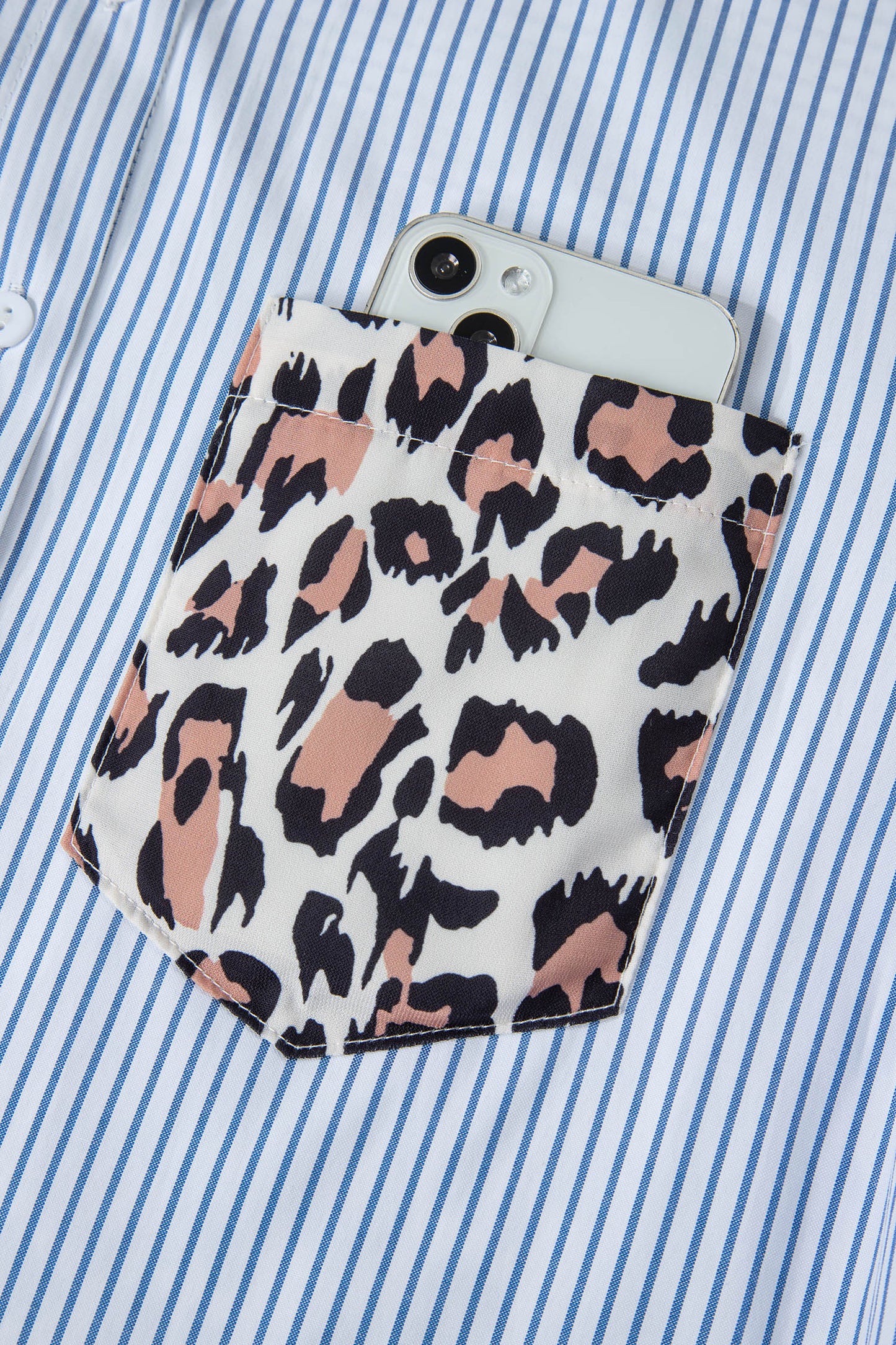 Sky Blue Stripe Colorblock Leopard Patchwork Chest Pocket Cuffed Sleeve Shirt
