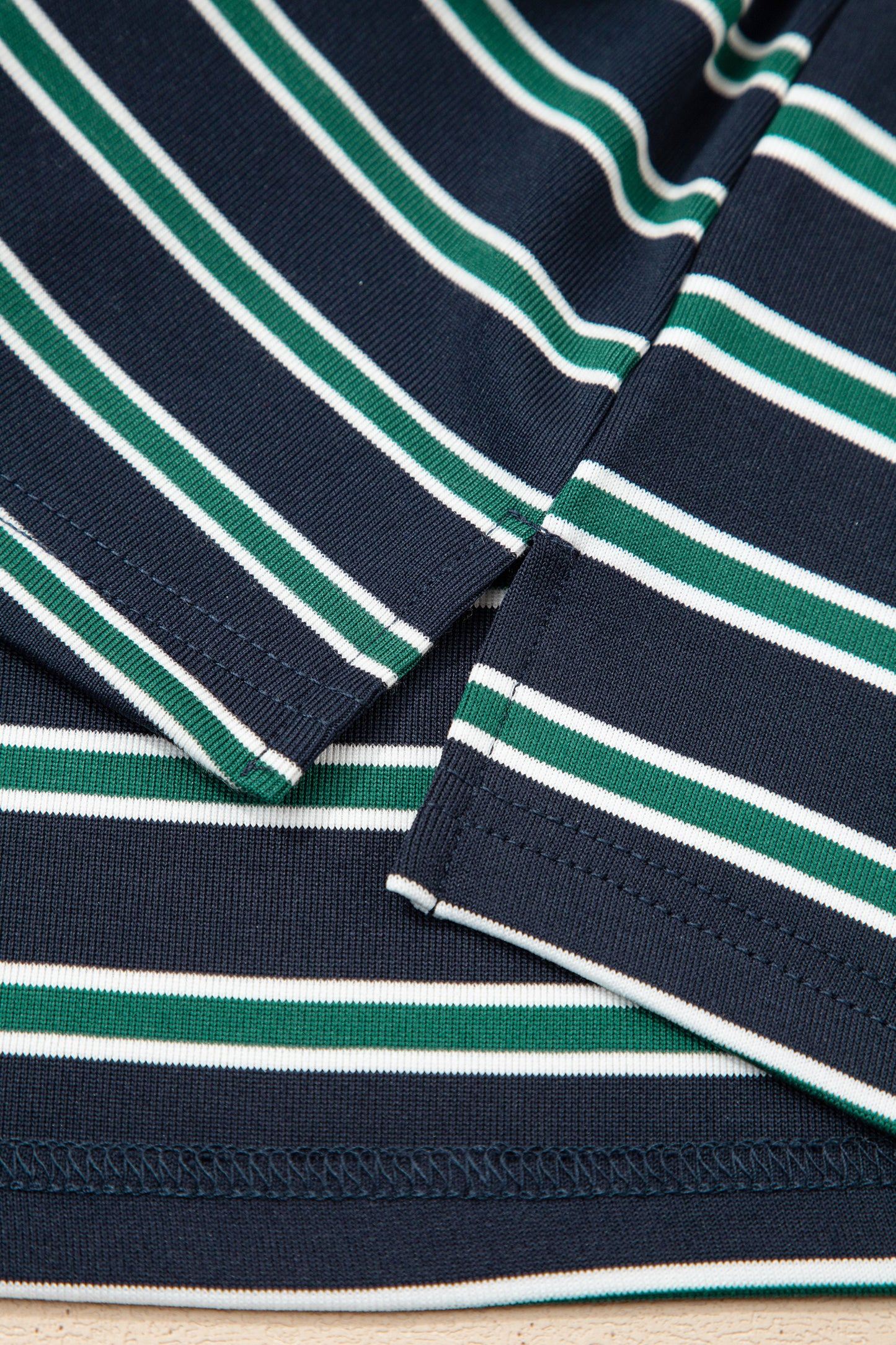 Green Stripe Ribbed Color Block Patchwork Crew Neck Patch Pocket Long Sleeve Top