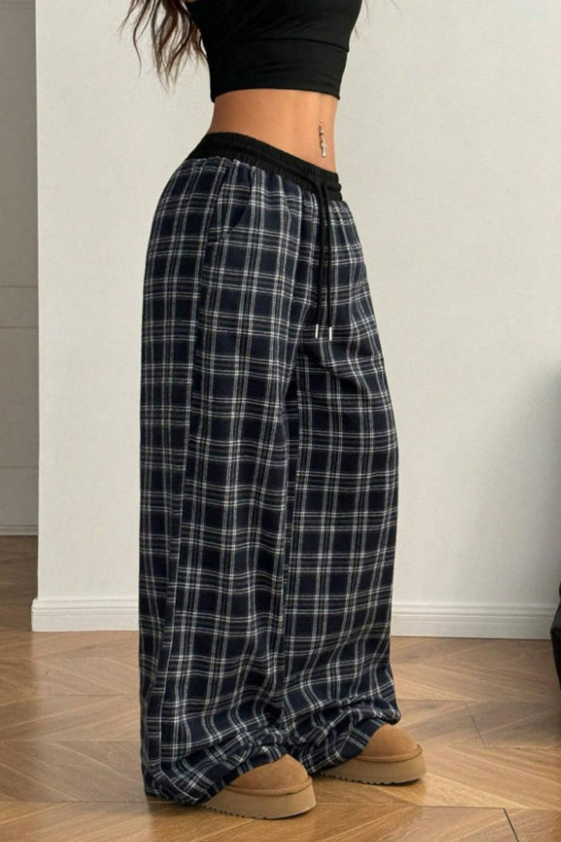 Plaid Wide Leg Pants Drawstring Elastic Waist Casual