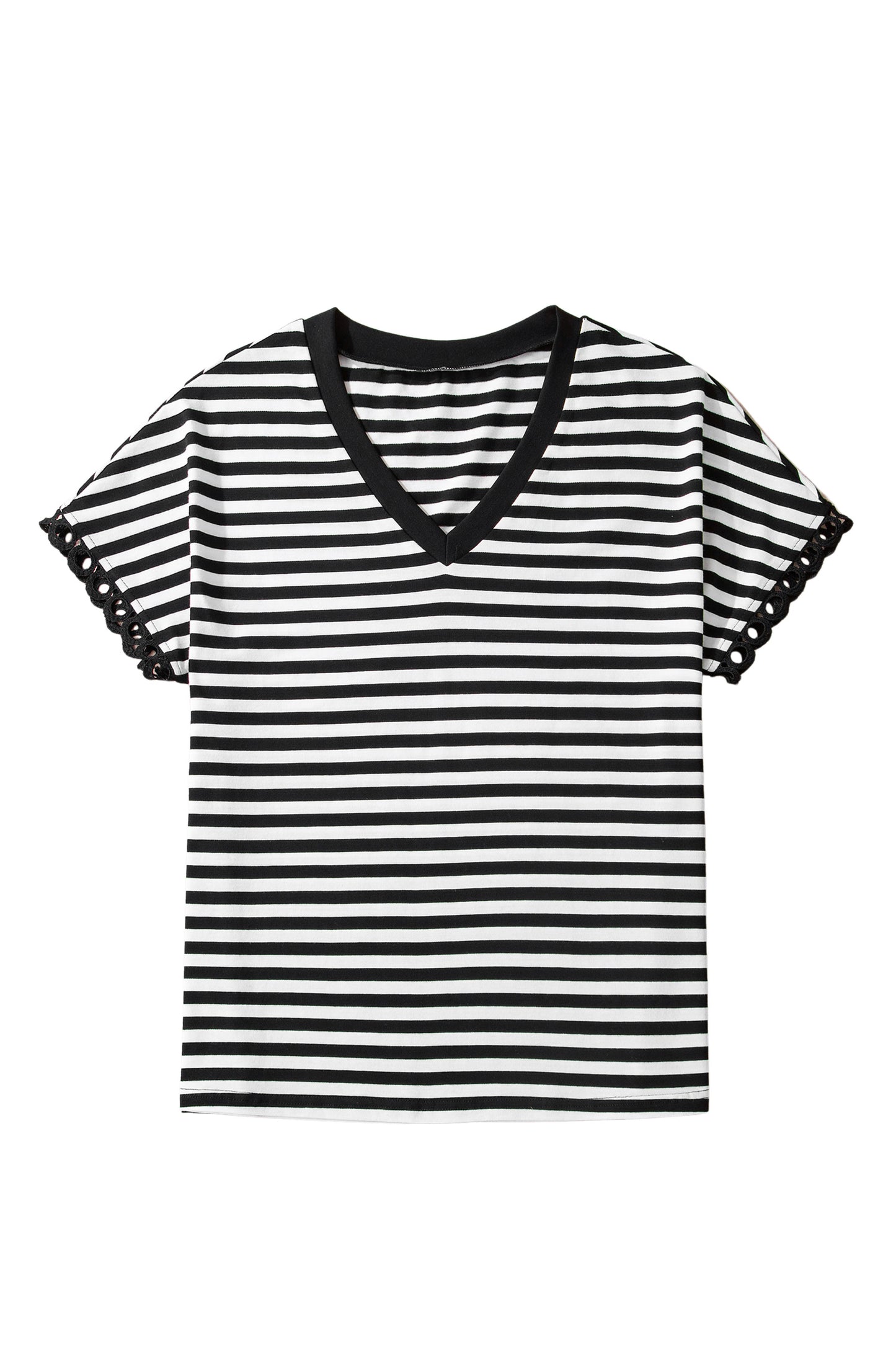 Black Striped Print V Neck Delicate Trim Casual Tee