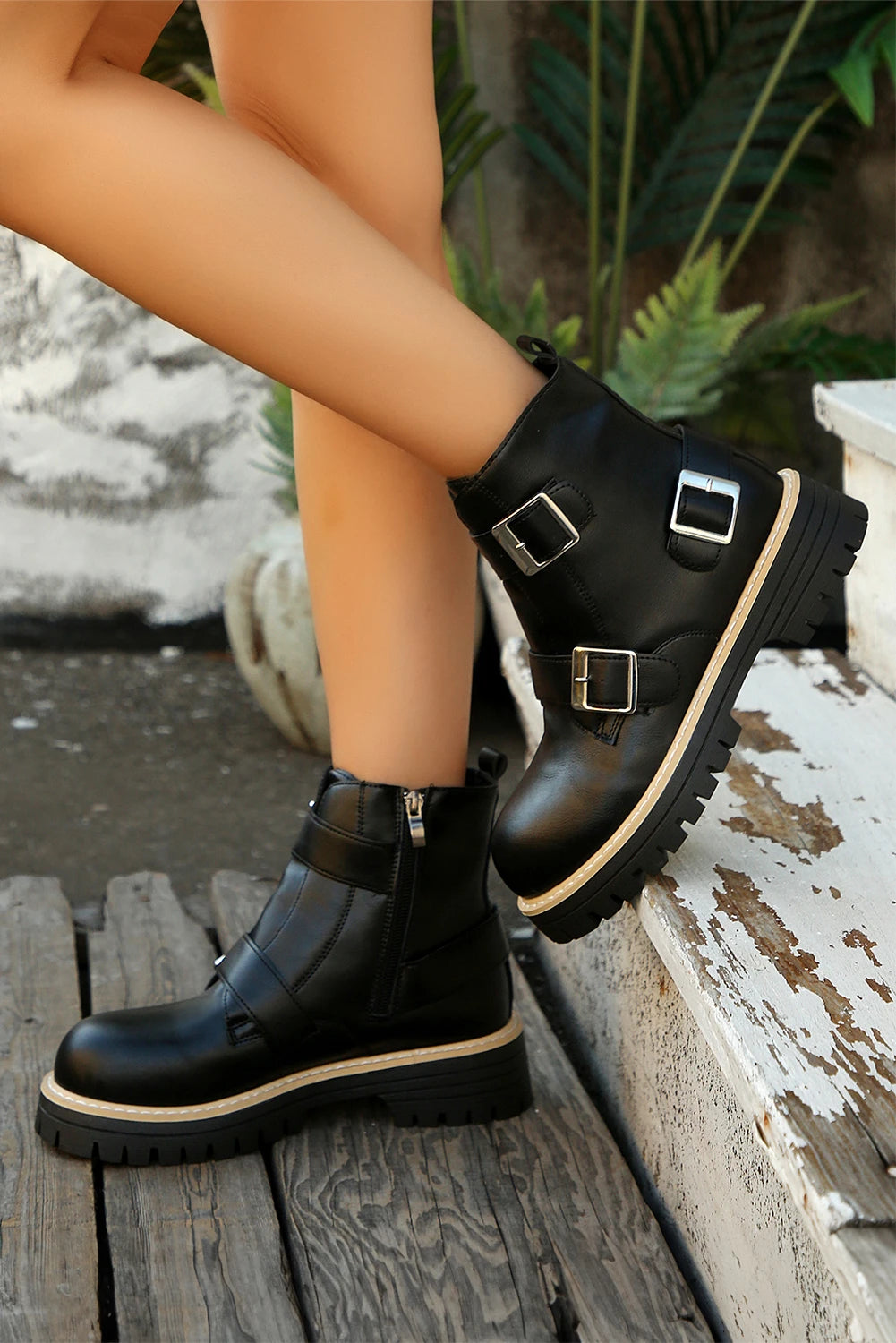 Color black PU Leather Triple Buckle Strap Detail Preppy Combat Boots