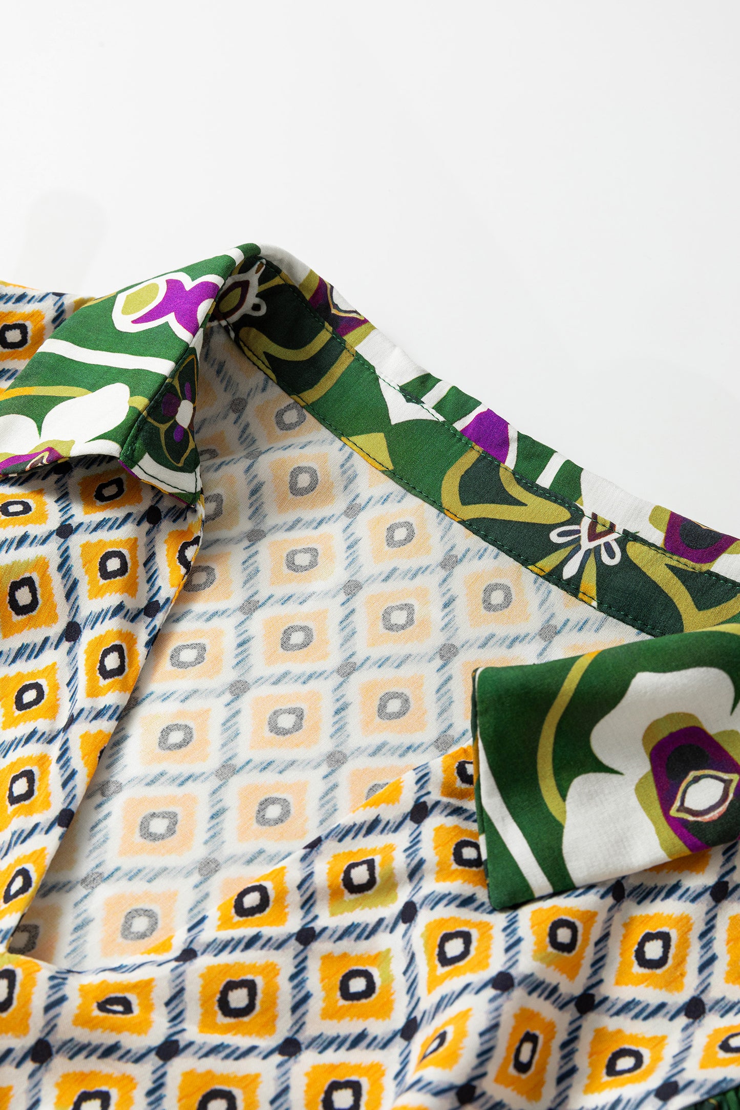 Green Plus Size Mixed Floral Patchwork V Neck Bracelet Sleeve Maxi Dress