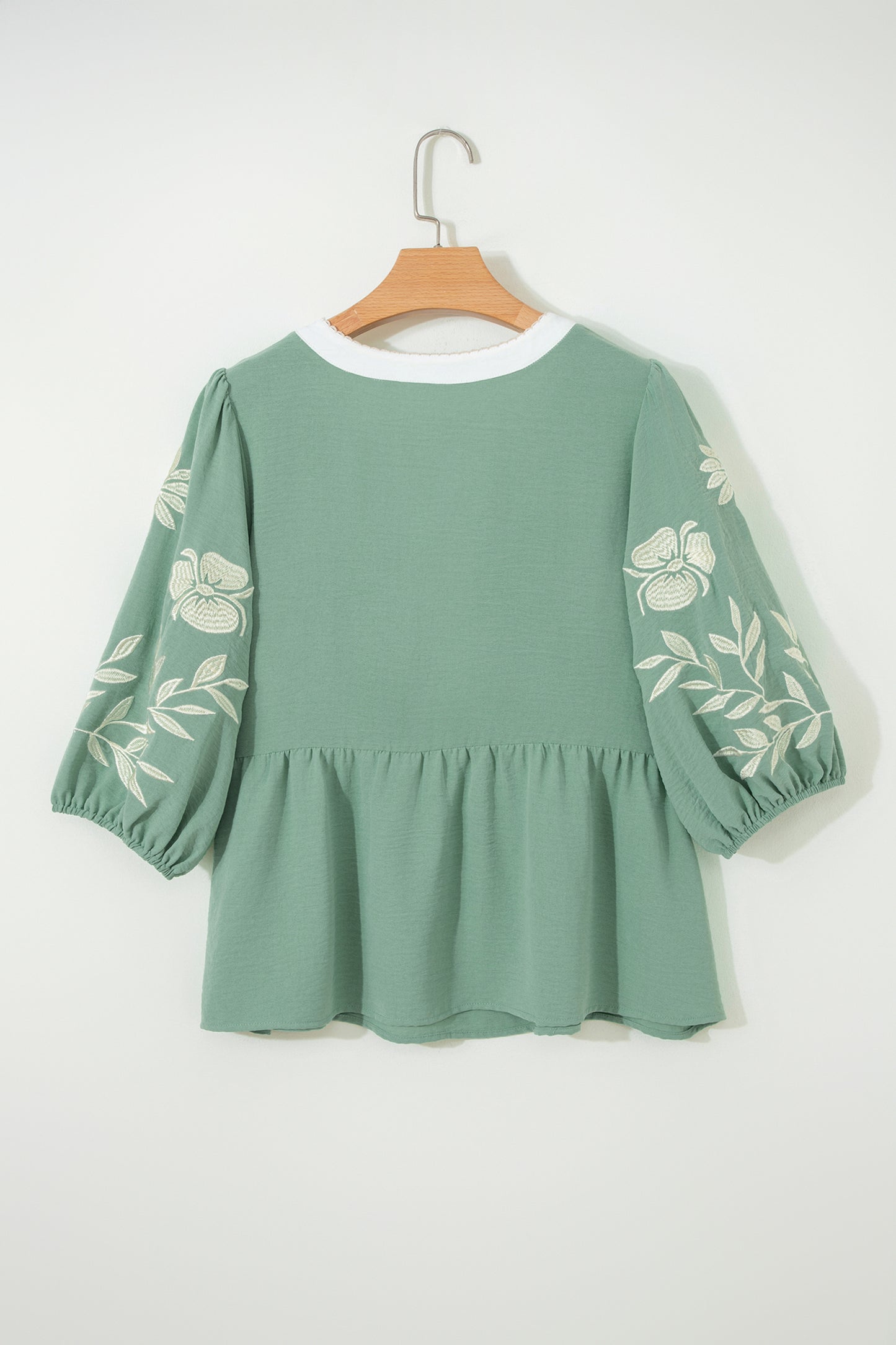 Smoke Green Color Block Patchwork V Neck Embroidered Puff Sleeve Babydoll Blouse