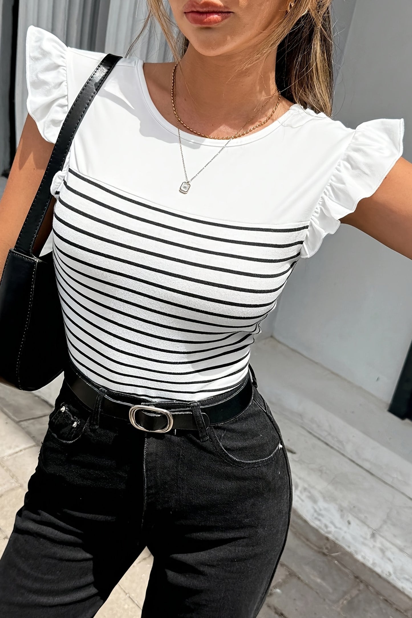 Striped Cotton Tank Top Elegant Bow Back Frill Sleeve