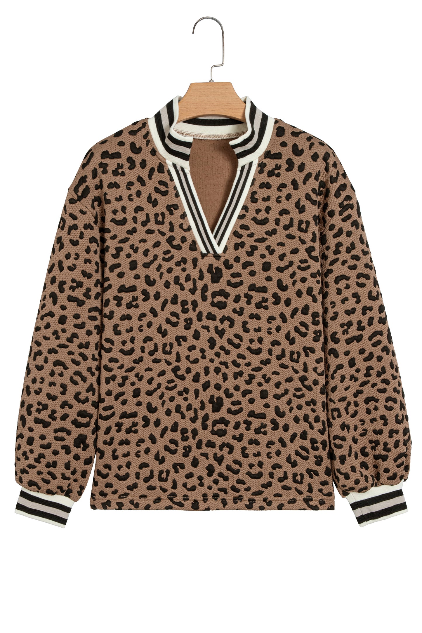 Brown Leopard Print Striped Trim Collar Long Sleeve Shift Pullover
