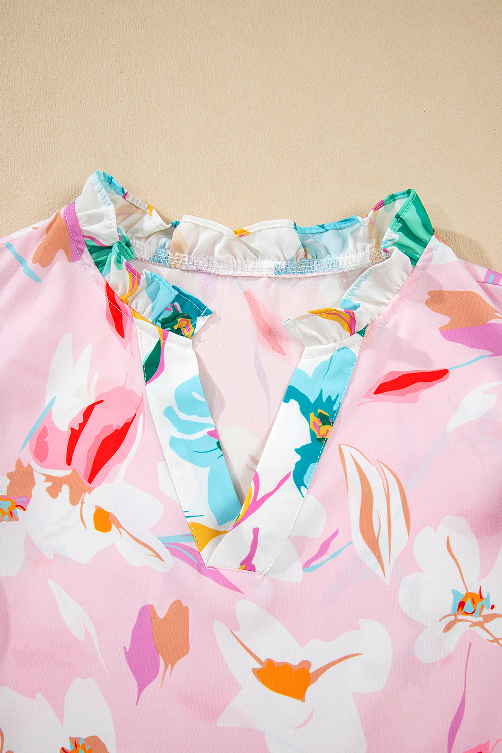 Multicolour Contrast Floral Patchwork Notched Neck Flutter Sleeve Blouse