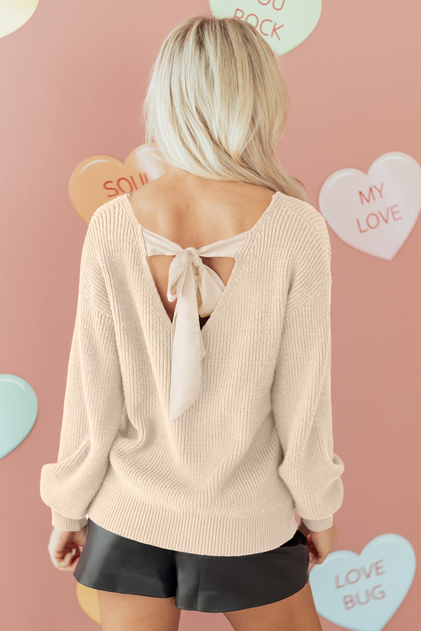 Red Dahlia Ribbed Knit Ribbon Knot Backless Drop Shoulder Sweater