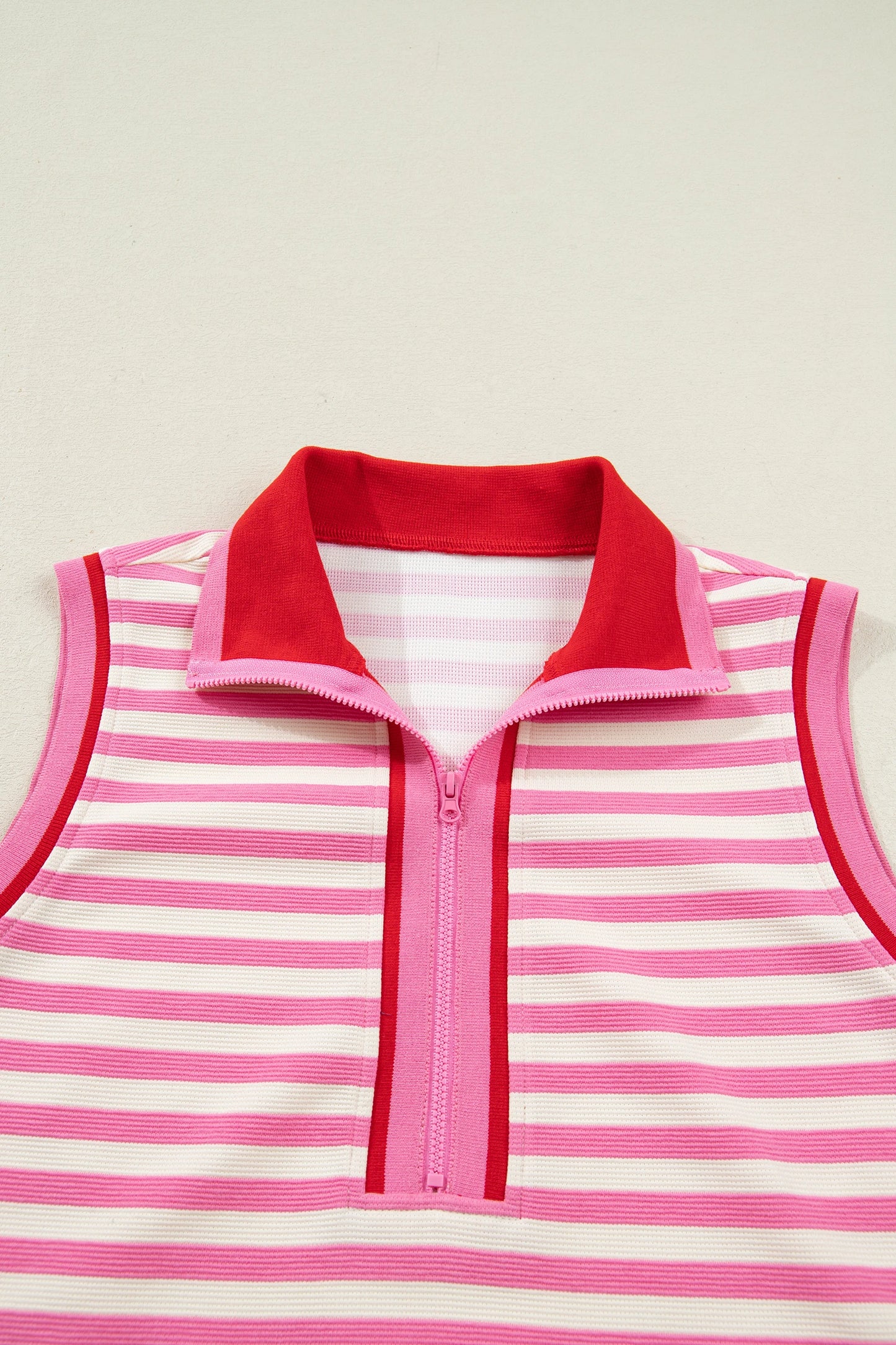 Textured Stripe Print Contrast Trim Zip Collar Sleeveless 2pcs Skort Set