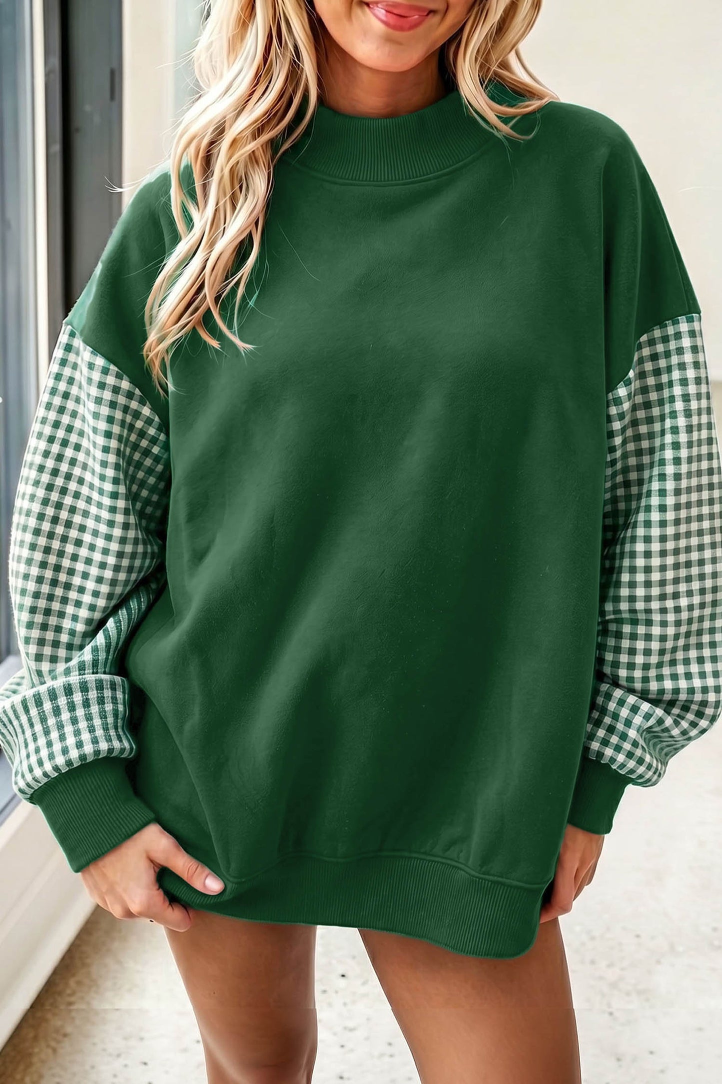 Evergreen Plaid Sleeve Colorblock Loose Tunic Sweatshirt