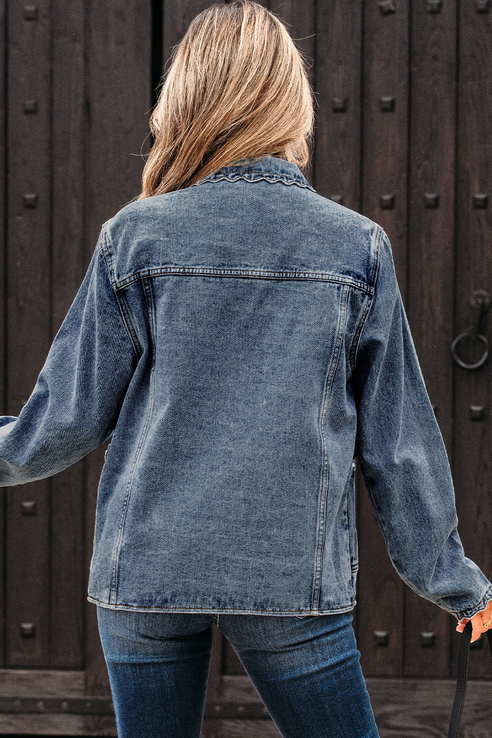 Myosotis Scallop Trim Collar Patched Pocket Button Up Denim Jacket