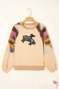 Light French Beige Sequined Rodeo Graphic Aztec Bubble Sleeve Patchwork Western Sweatshirt