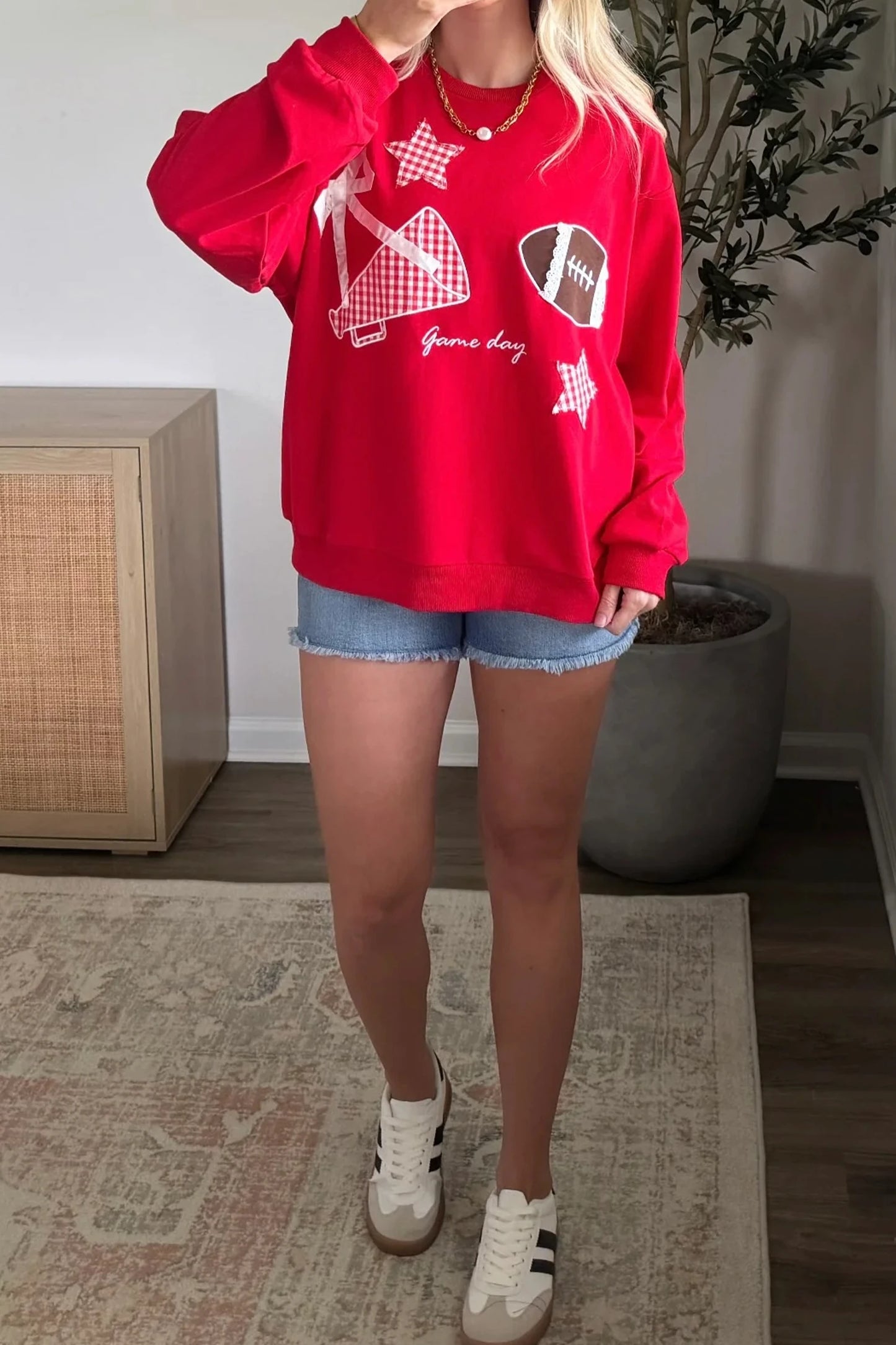 Gingham Patch Embroidered Rugby Game Day Stars Sweatshirt