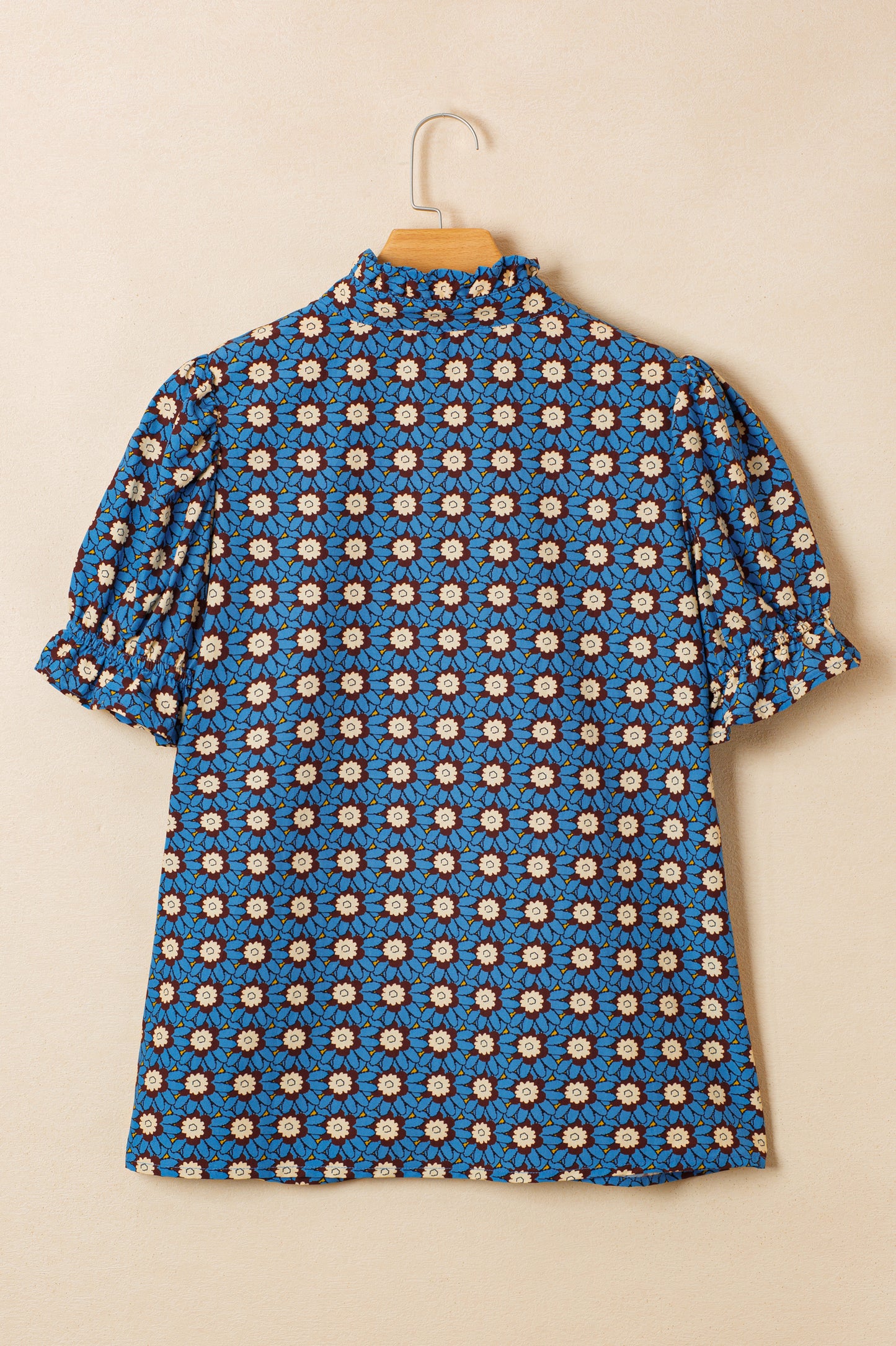 Sky Blue Retro Floral Print V Neck Pleated Detail Short Puff Sleeve Blouse