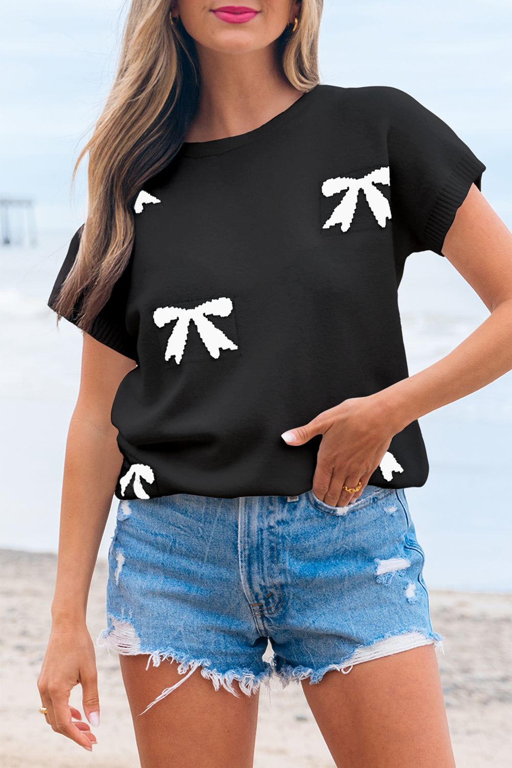 White Bow Pattern Knit Short Sleeve Sweater