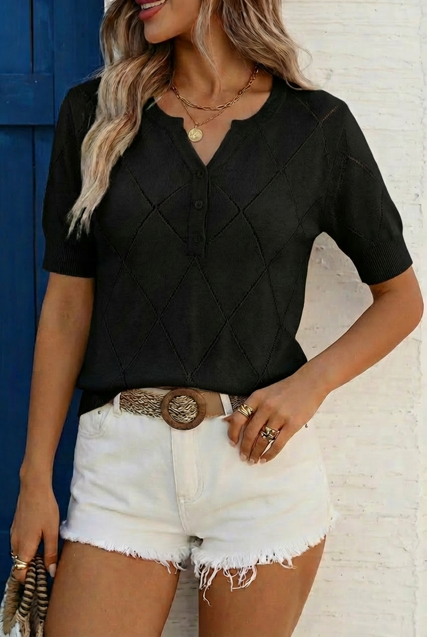 Beige Argyle Knit Henley Short Sleeve Sweater Top