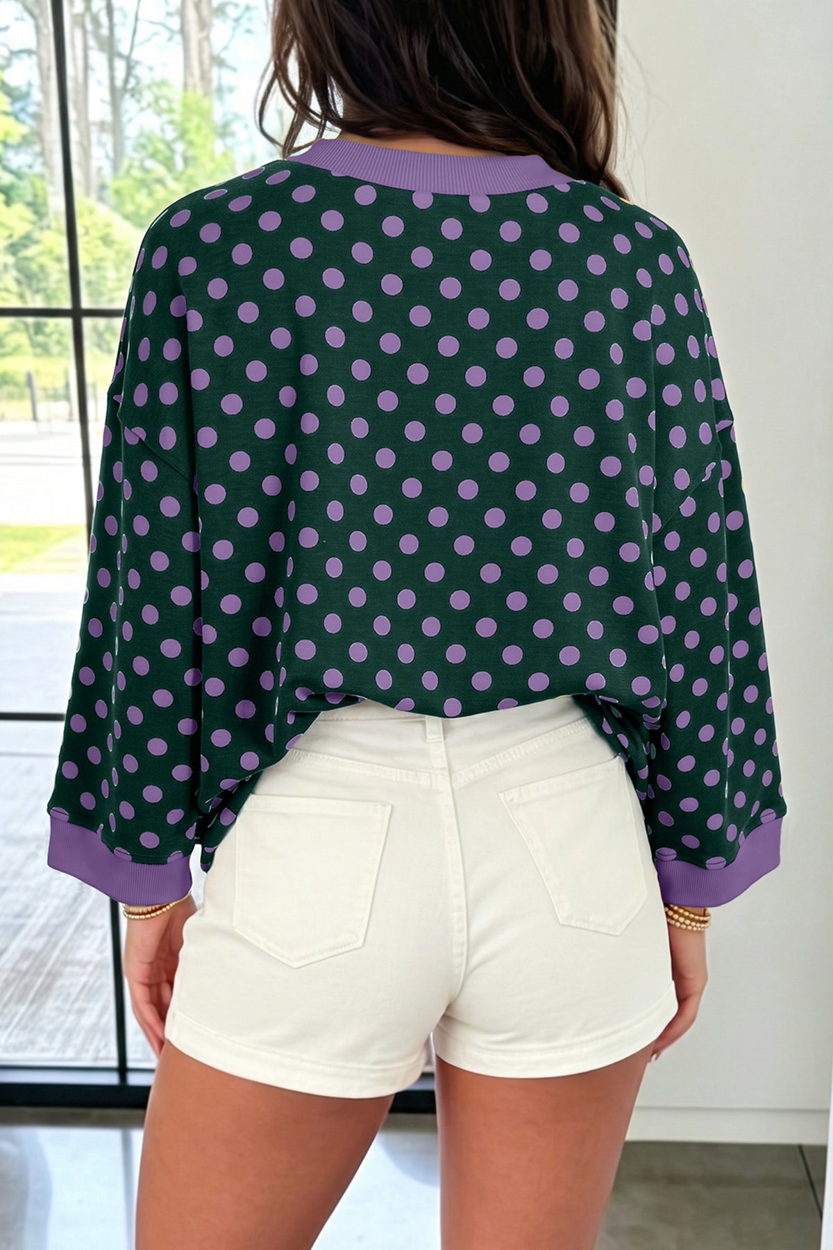 Blue Polka Dot Print Contrast Trim Round Neck Bracelet Sleeve Top