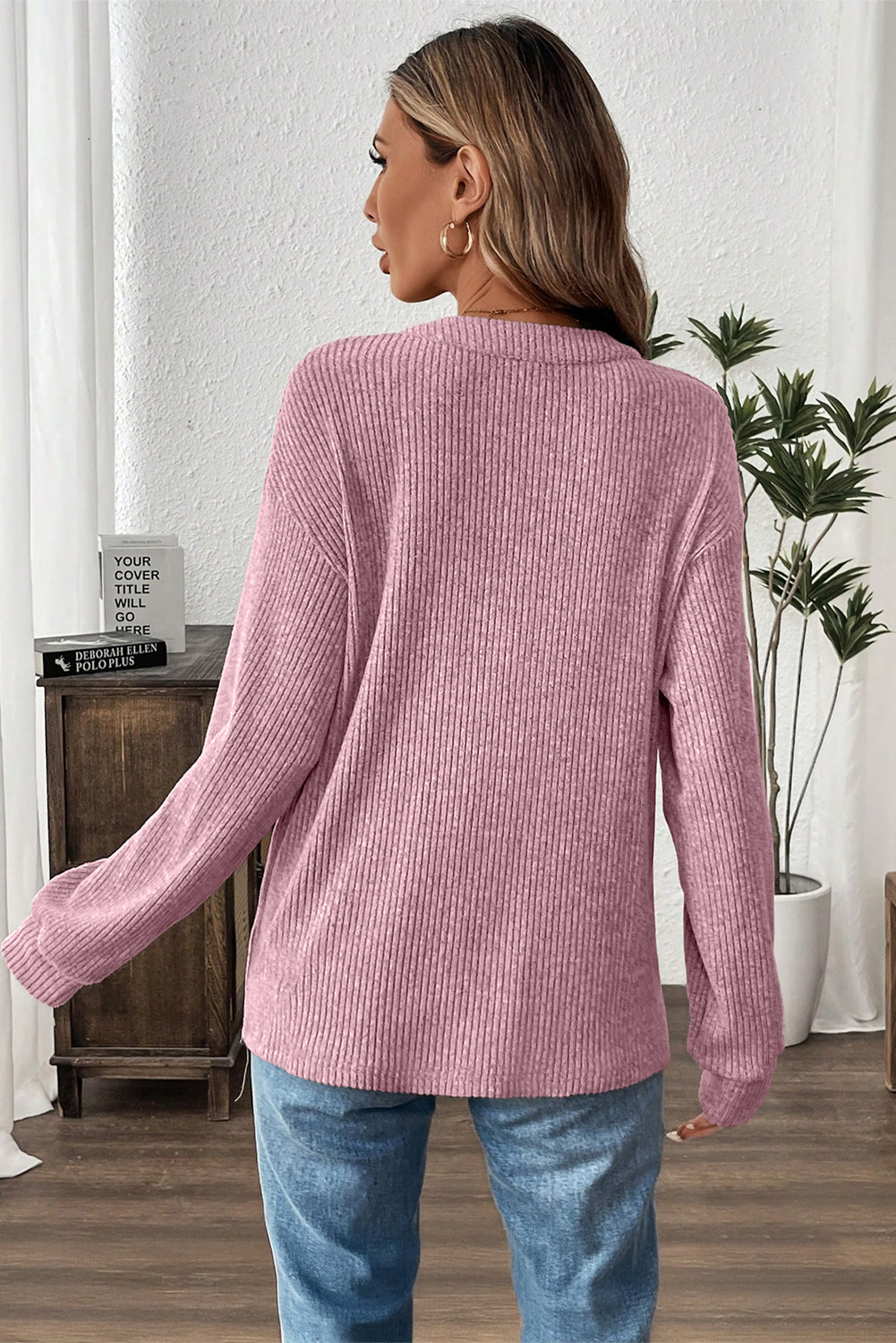 Ribbed Texture Drop Shoulder Henley Knit Top