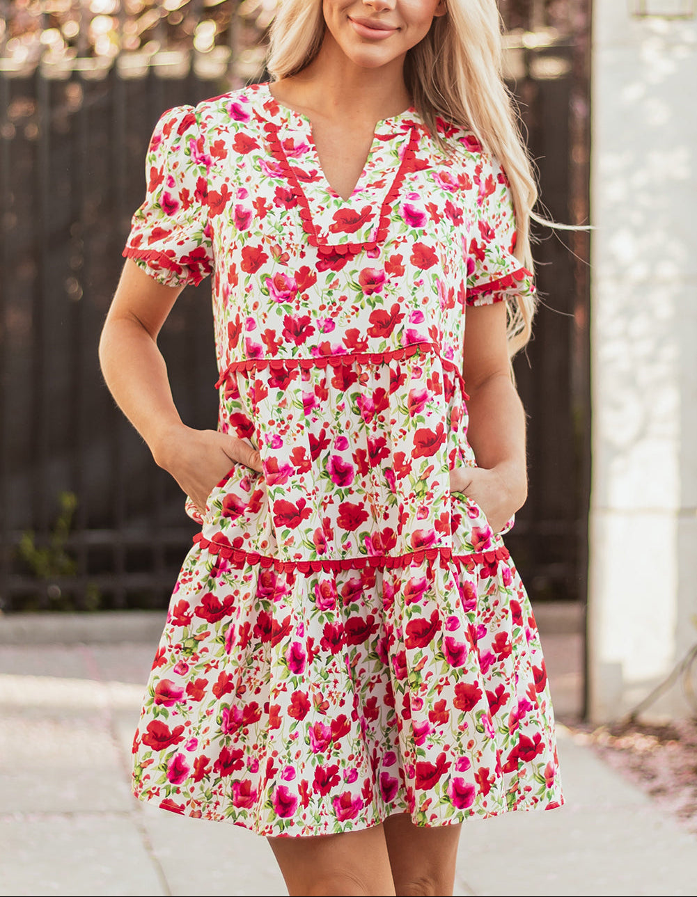 Red Floral Puff Sleeve Tiered Ric Rac Pocketed Mini Dress