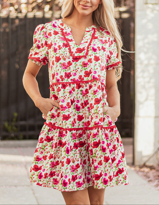 Red Floral Puff Sleeve Tiered Ric Rac Pocketed Mini Dress