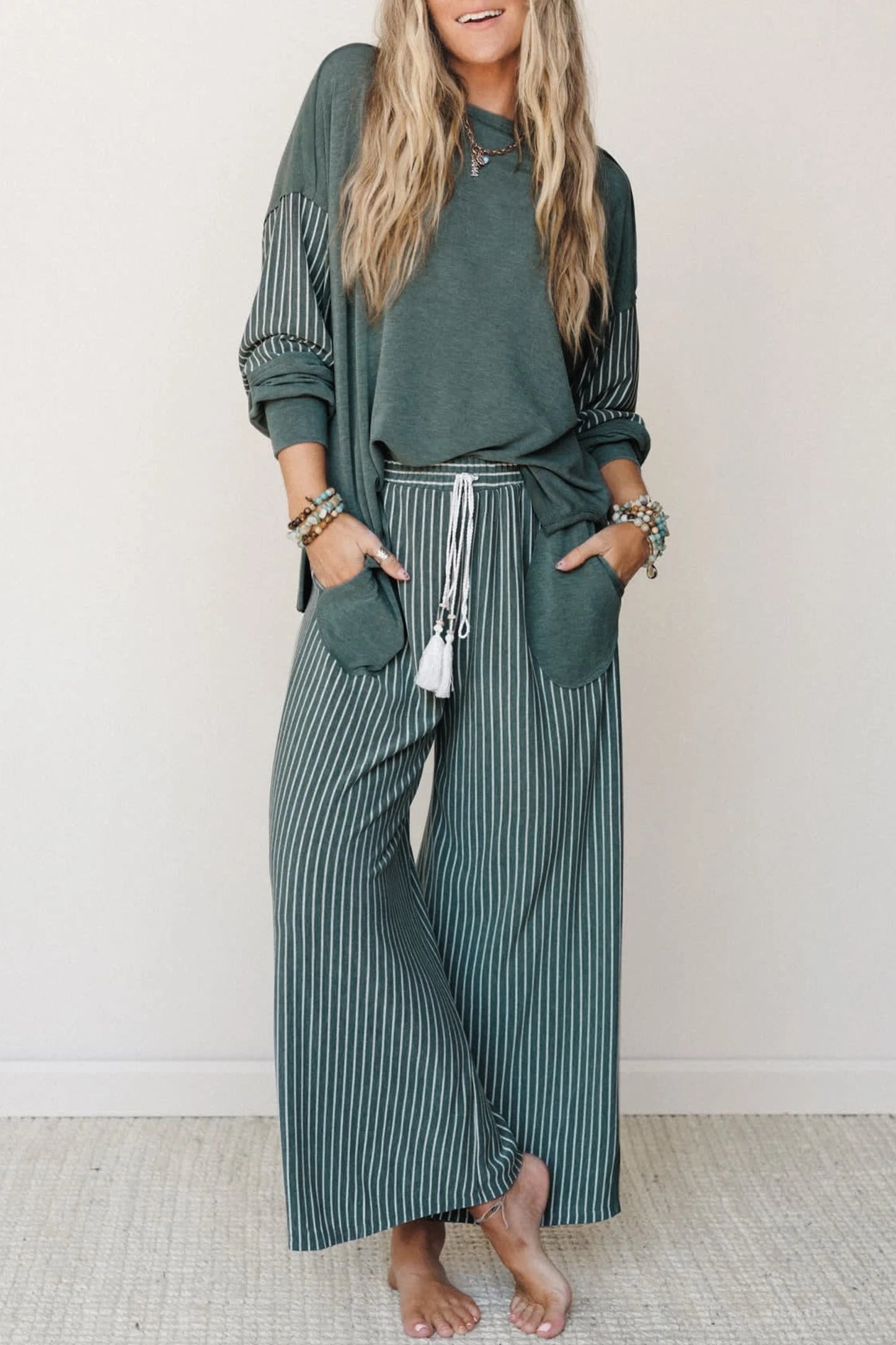 Fushia Raw Seam Patchwork Long Sleeve Top Pocket Casual Pants 2pcs Set