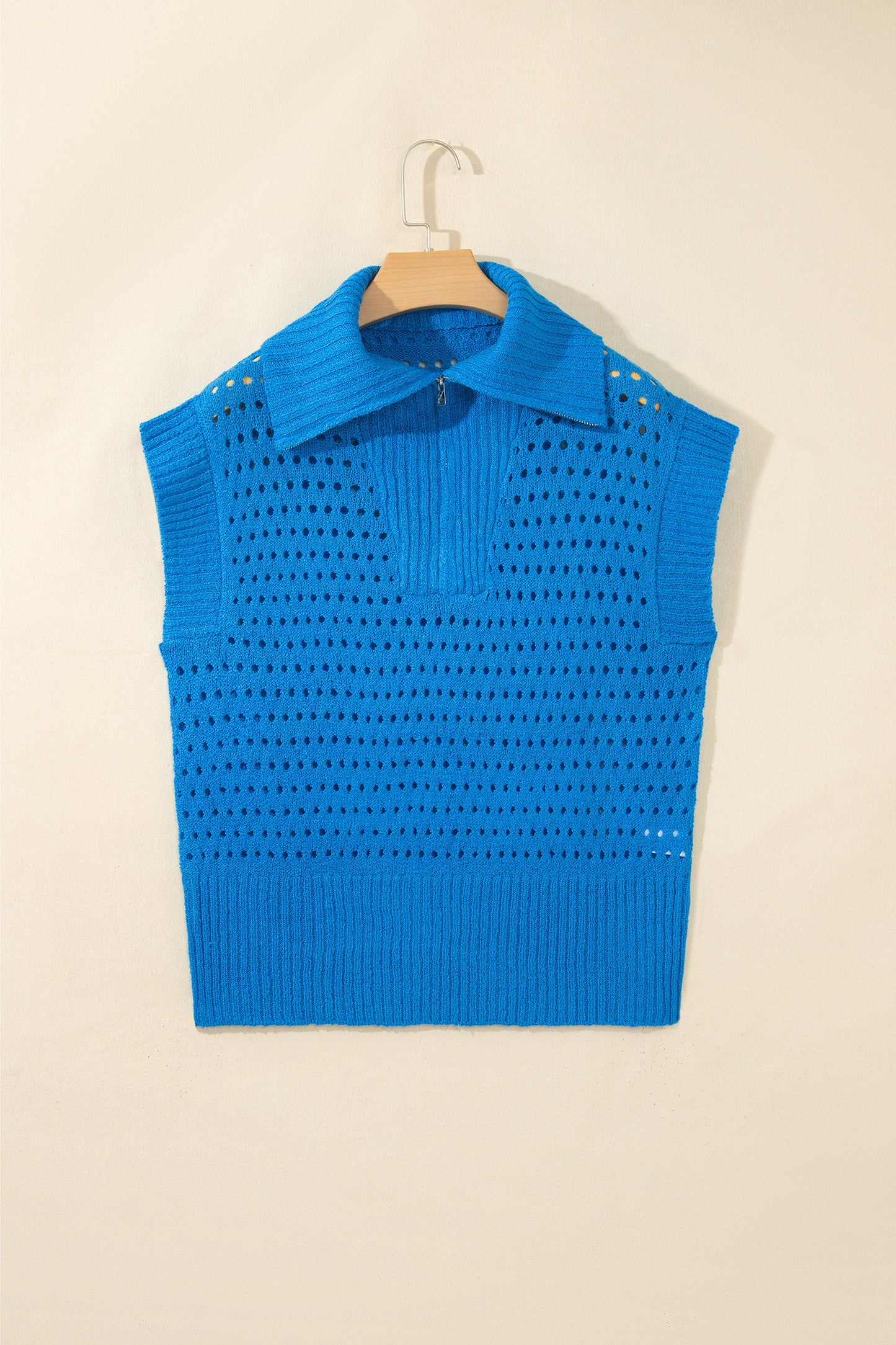 Sky Blue Solid Color Hollowed Knit Short Sleeve Zipper Collar Knitwear Top