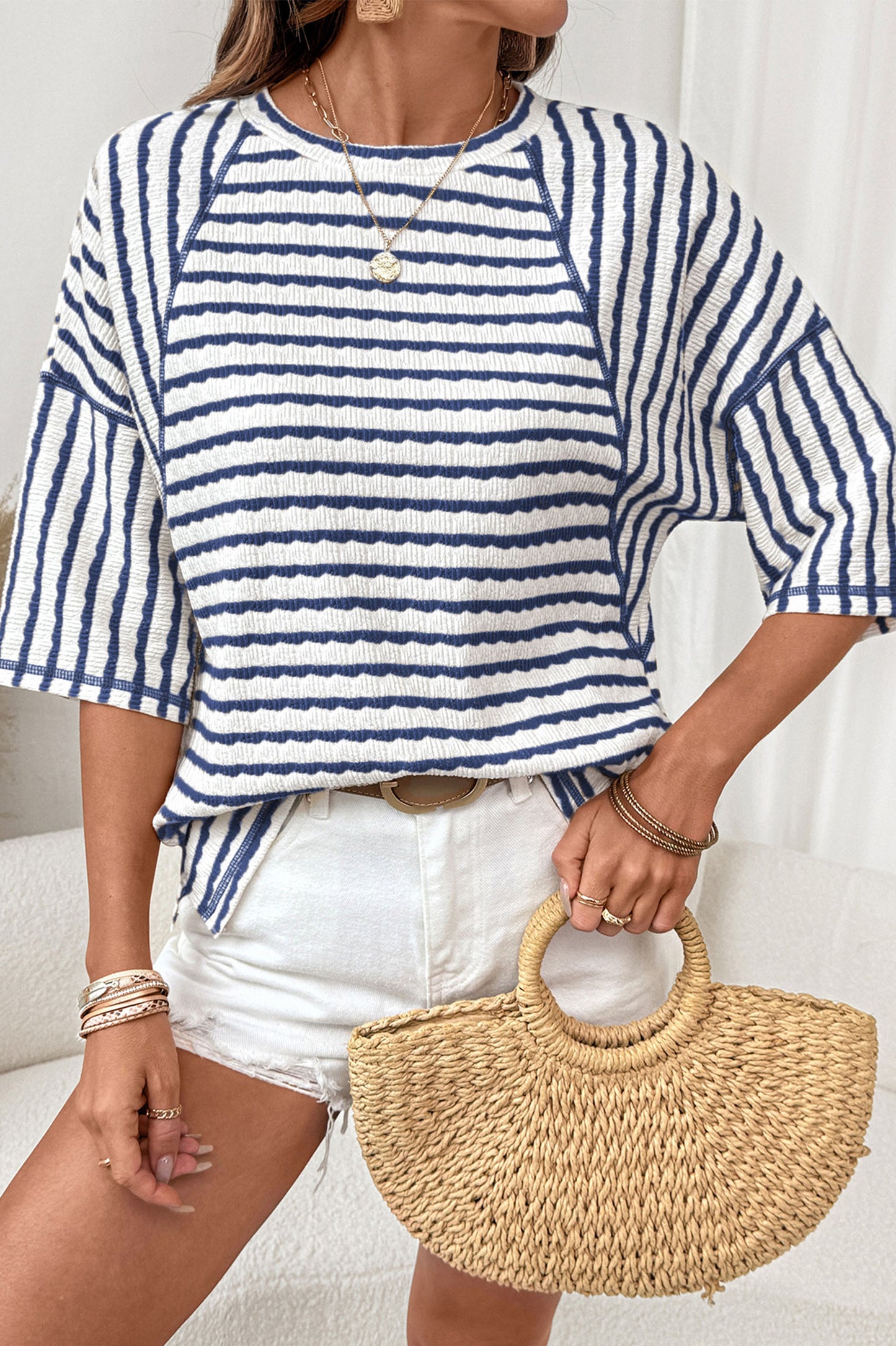 Apricot Stripe Textured Knit Split Hem Half Sleeve Loose Top