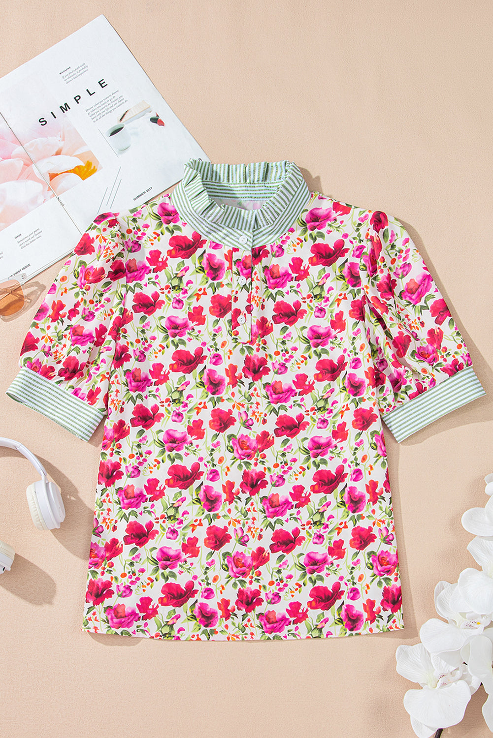 Red Floral Print Striped Patchwork Collared Short Sleeve Blouse