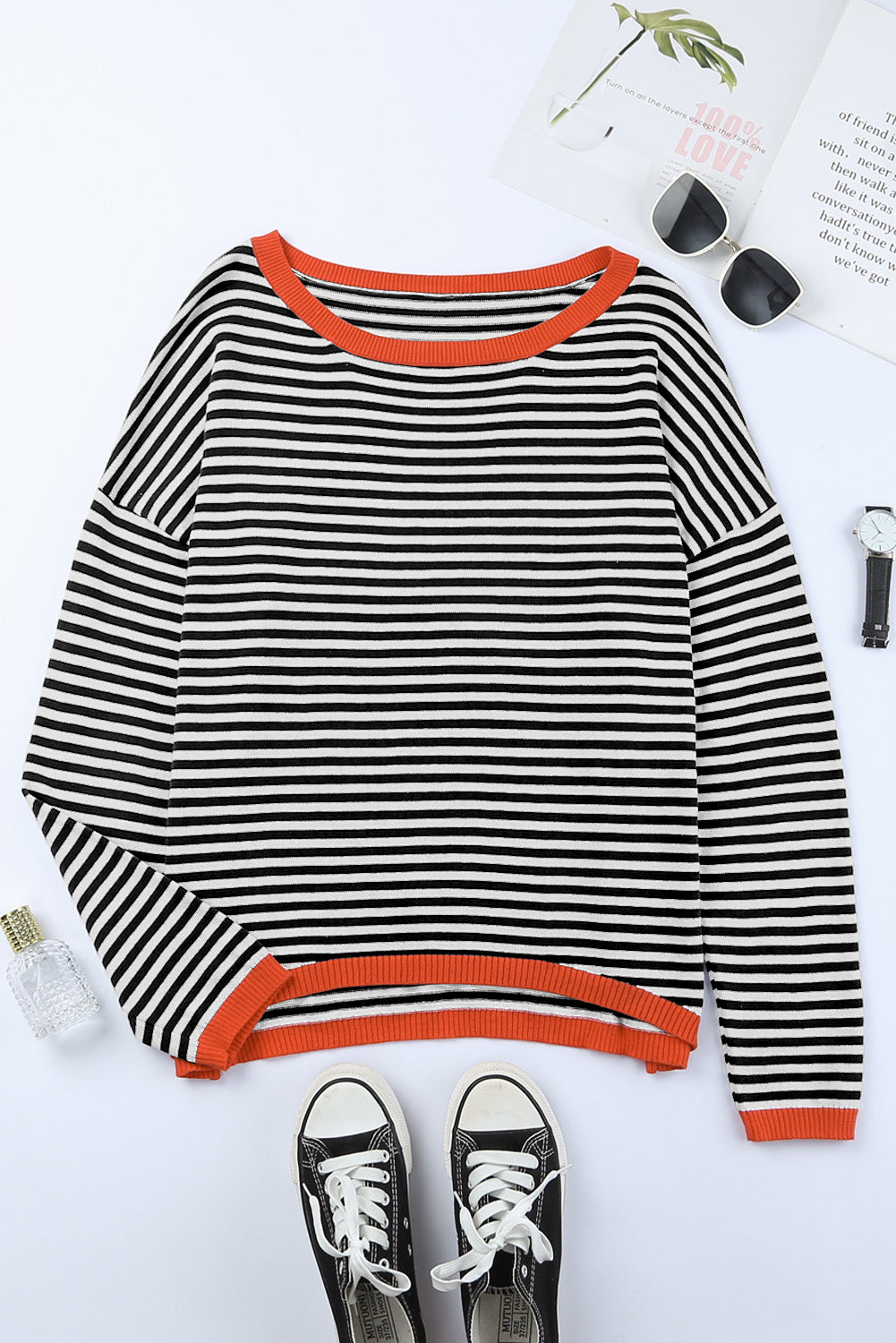 Contrast Trimmed Striped Drop Shoulder Sweater