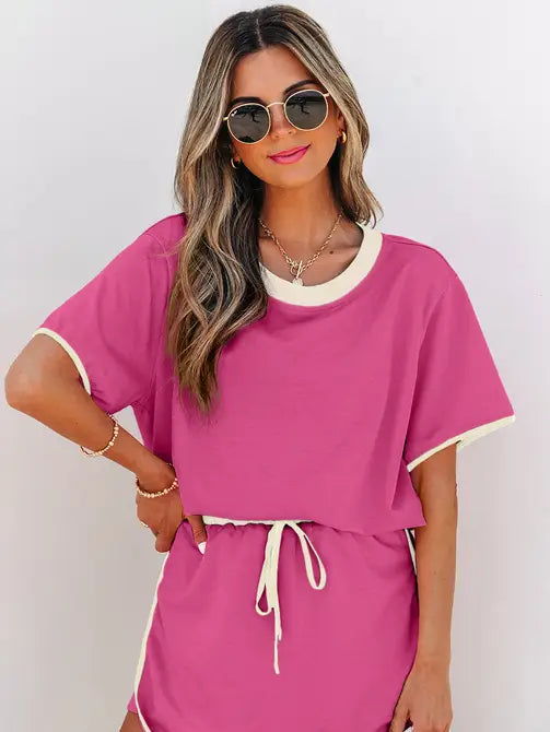 Bonbon Colorblock Edge Drop Shoulder T Shirt and Skort 2Pcs Set