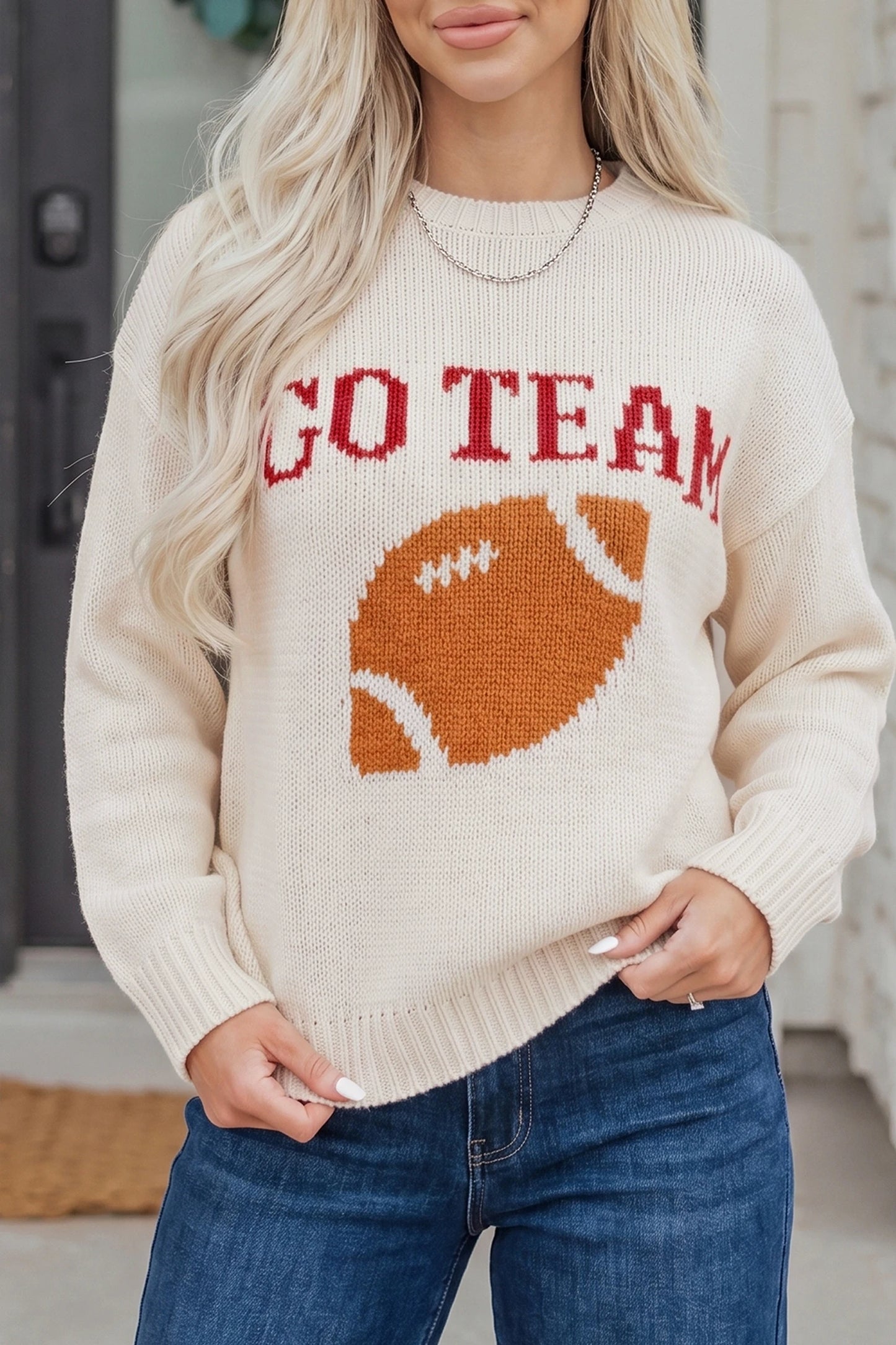Beige Go Team Football Sweater Drop Shoulder Knit Top