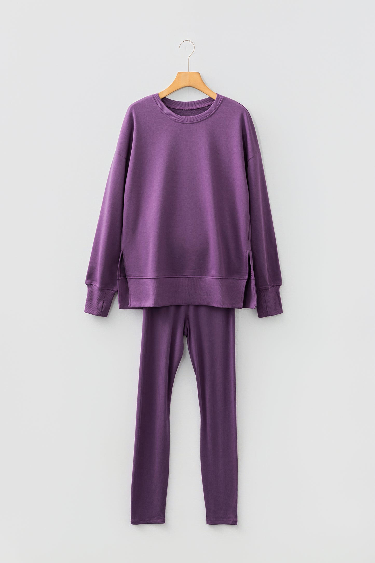 Jet Stream Solid Color Oversize Slit Sweatshirt Ribbed Leggings 2pcs Set
